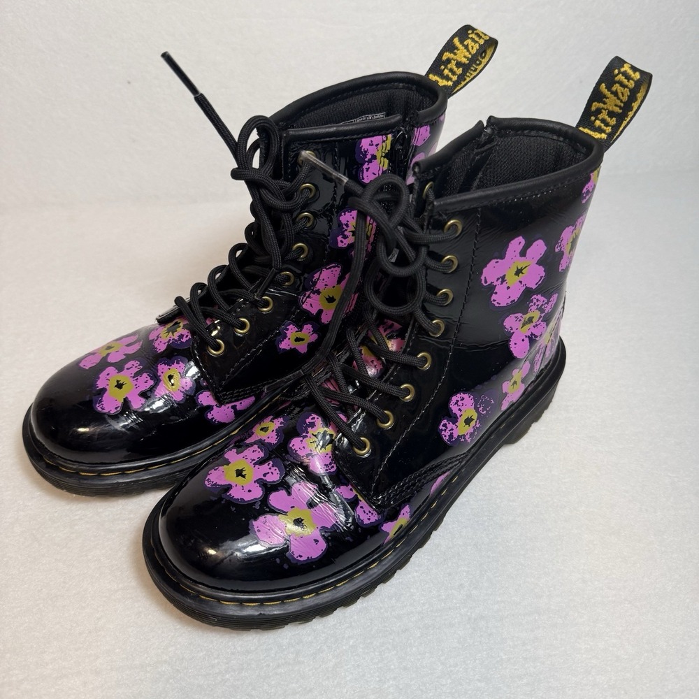 Dr. Martens 1460 J 8-Eye Patent Black Floral High Top Boot Youth Size US‎ 4